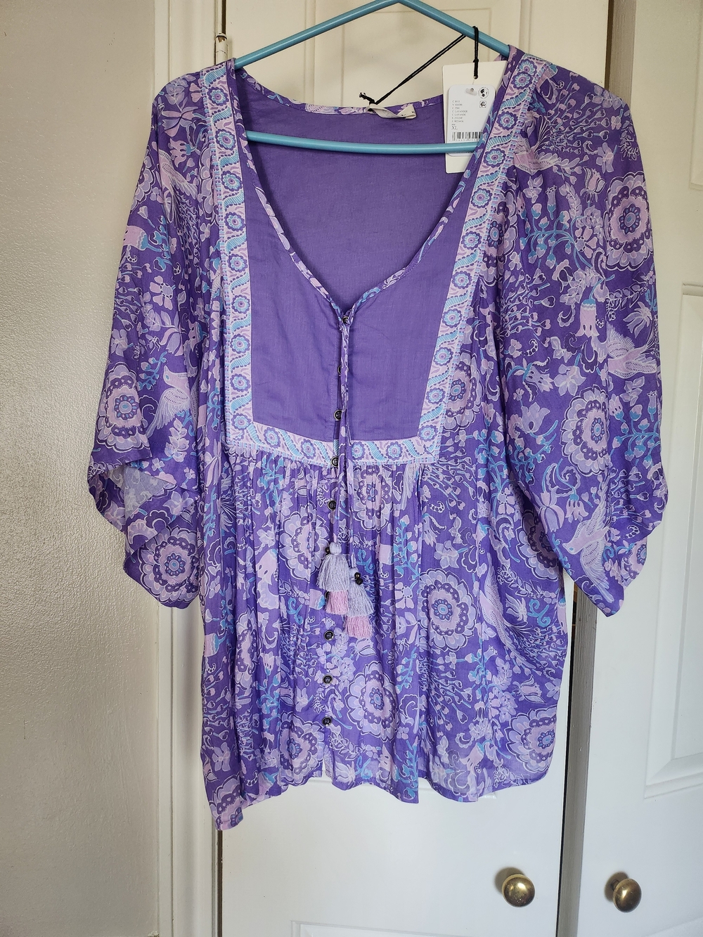 Spell Lavender Floral Boho Peasant Blouse with Tassel Tie